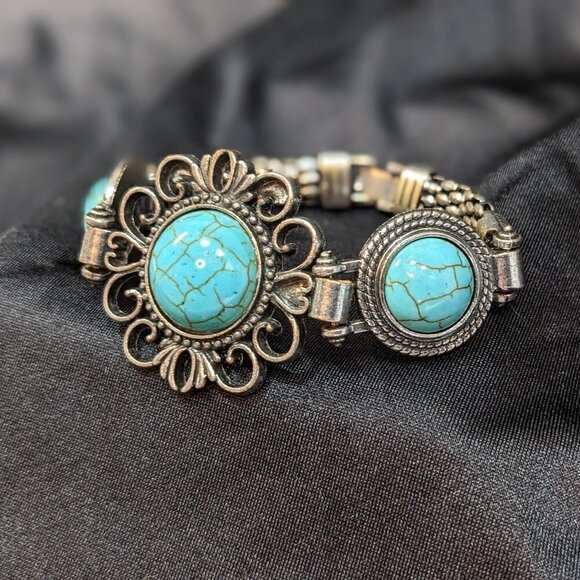 Turquoise Style Stone with Filigree Heart Detail Bracelet - Picture 2 of 6